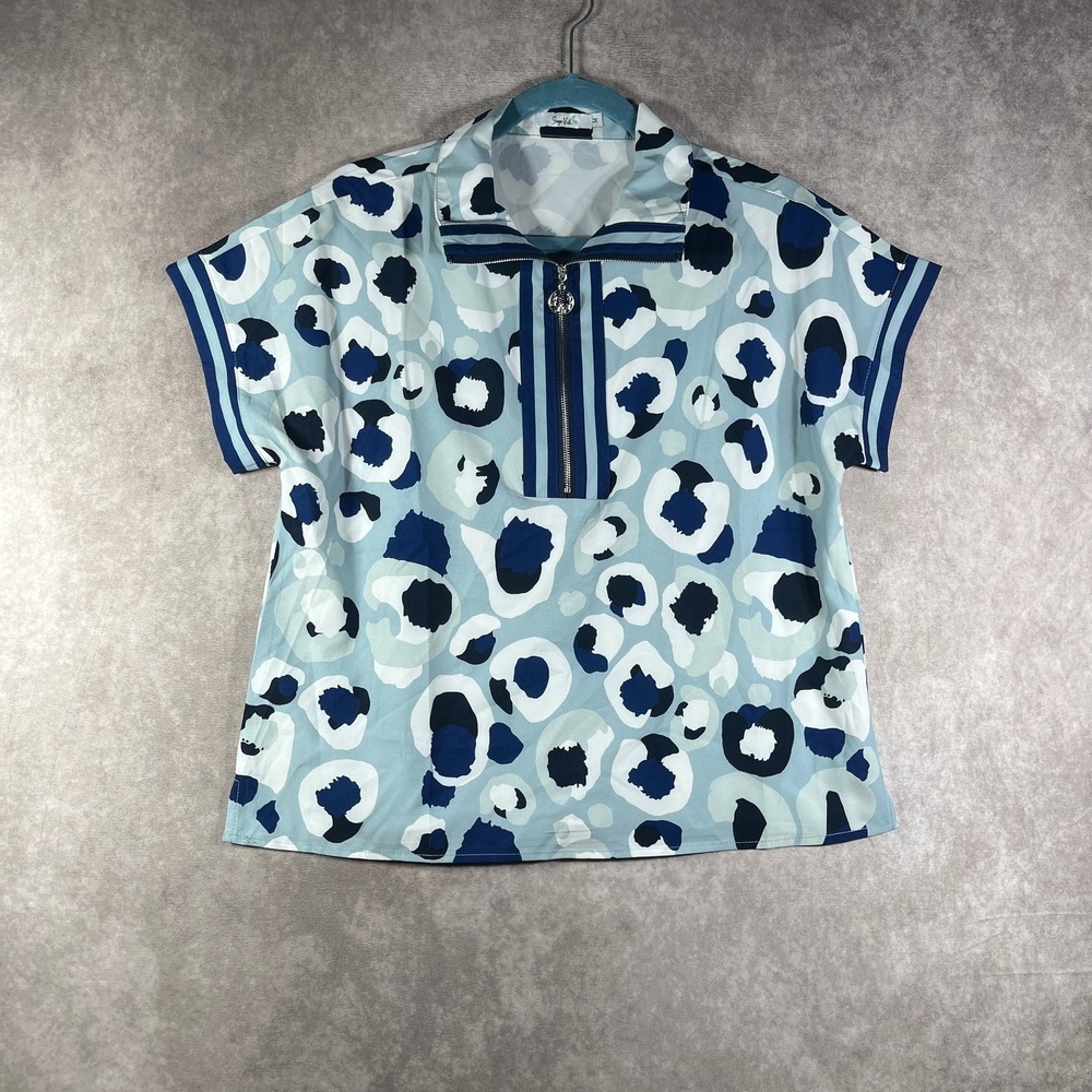 Sage Vell Top Womens Medium Blue White Animal Print 1/4 Zip Short Sleeves Artsy